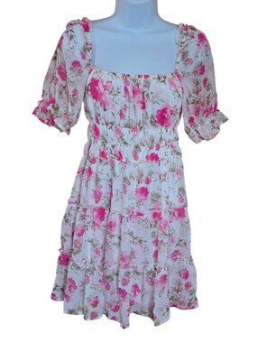 Floral Tiered Mini Dress With Puff Sleeves & Square Neckline peasant cottagecore